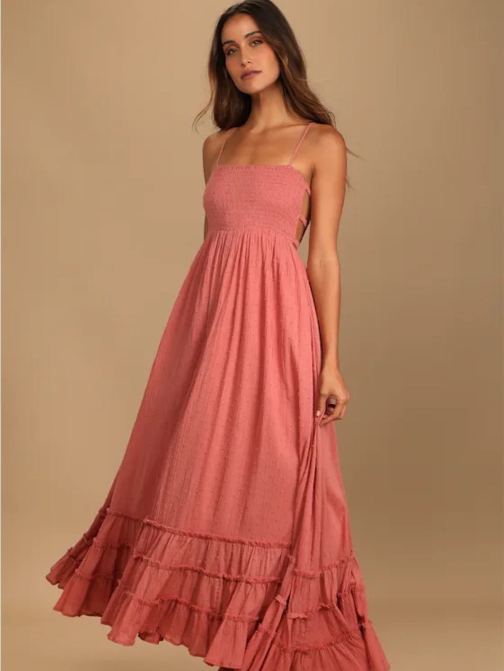 Lulus Serene Sunshine Rose Swiss Dot Smocked Cutout Tiered Maxi Dress NWT
